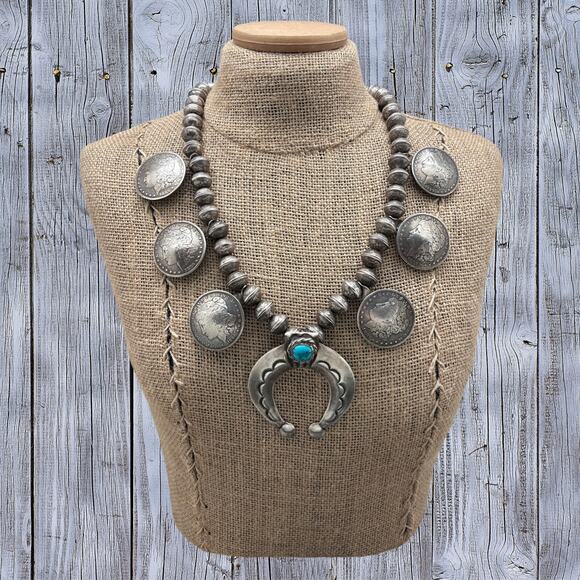 1970s Native American NAVAJO Silver Turquoise Naja Necklace Morgan Dollar Coins - Picture 8 of 8